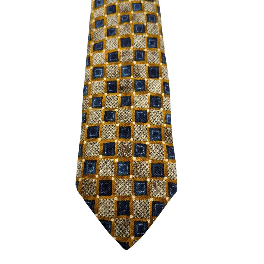 Ermenegildo Zegna Silk Tie Exclusive Design Blue Gold Squares Italy 3.5 x 57"